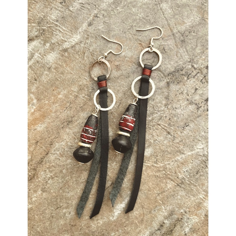Tribal Boho Earrings Leather , Java Glass, India Clay Beads and Hammered Silver